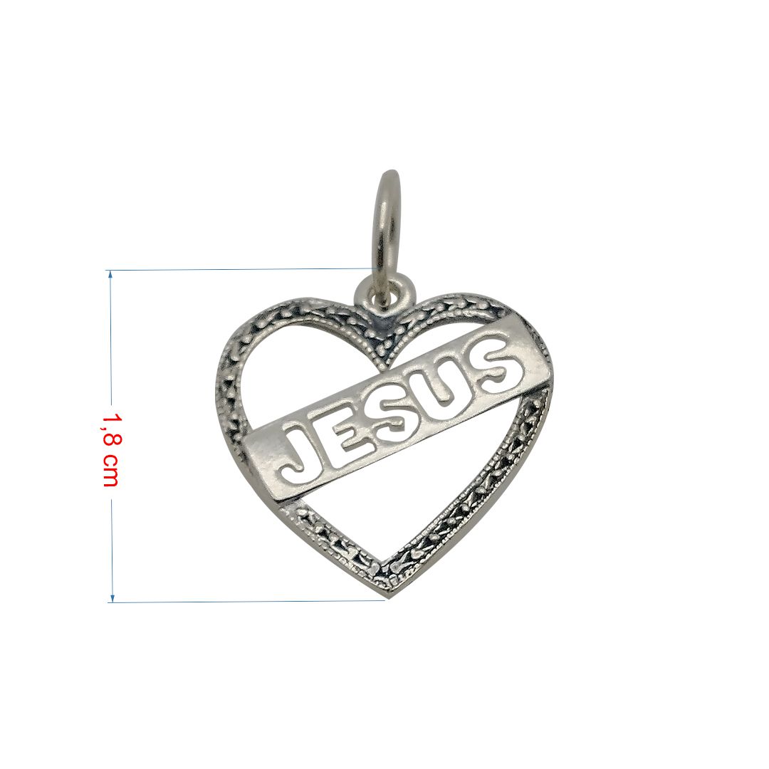 Pingente de prata 925 envelhecida coração vazado Jesus