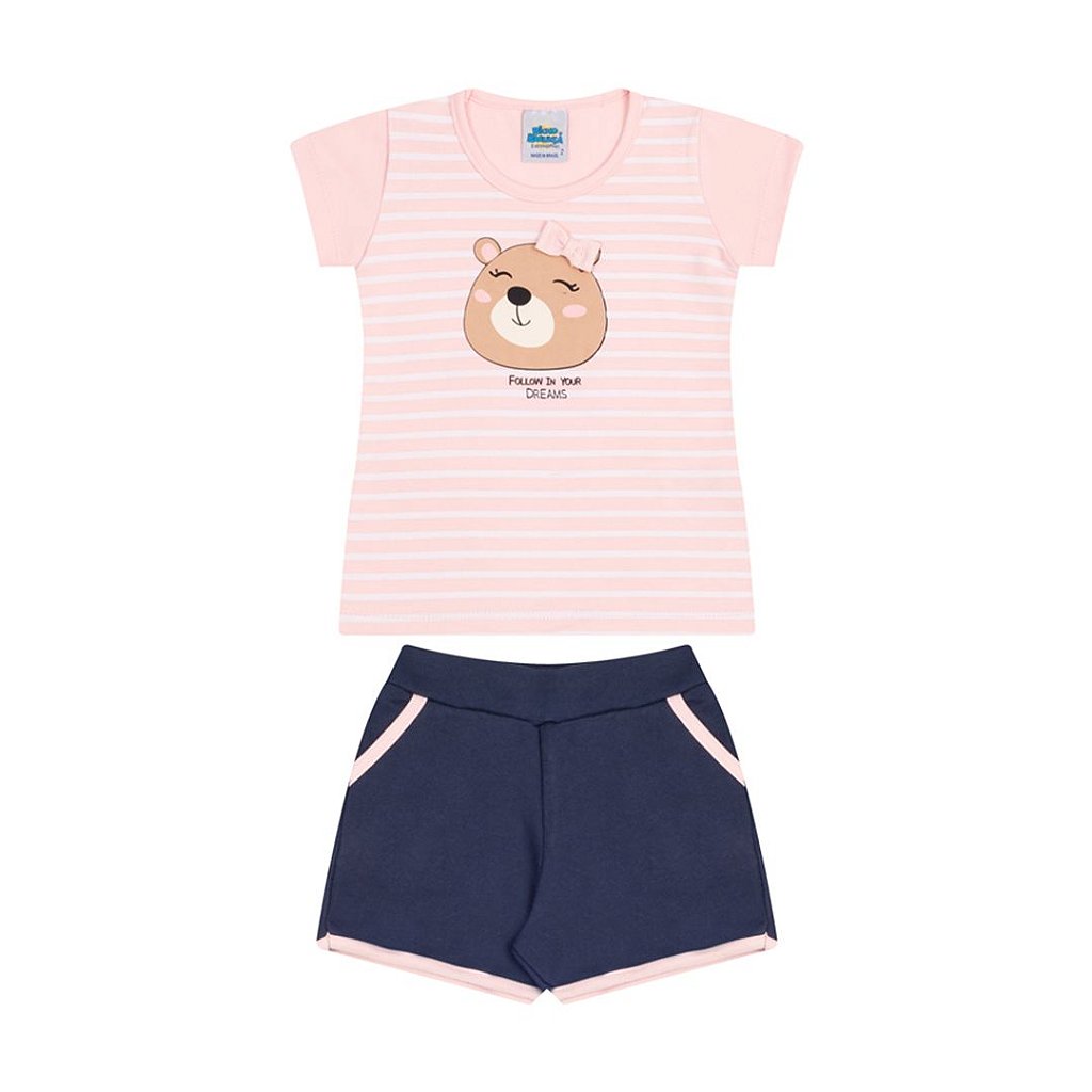 Conjunto cotton moletinho cor rosa bebê e marinho estampa e laço - Moda  casual e sleepwear para crianças de 0 a 16 anos