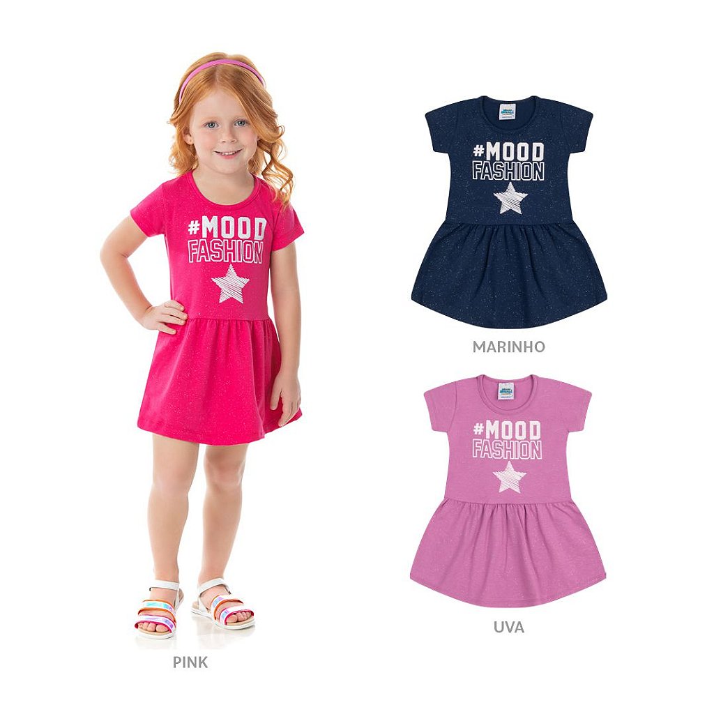 Vestido em cotton cor marinho com brilho e estampa com glitter - Moda  casual e sleepwear para crianças de 0 a 16 anos