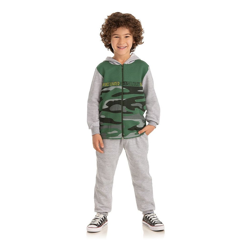 Conjunto masculino de moletom com zíper e capuz e estampa de militar - Moda  casual e sleepwear para crianças de 0 a 16 anos| Bicho Bagunça