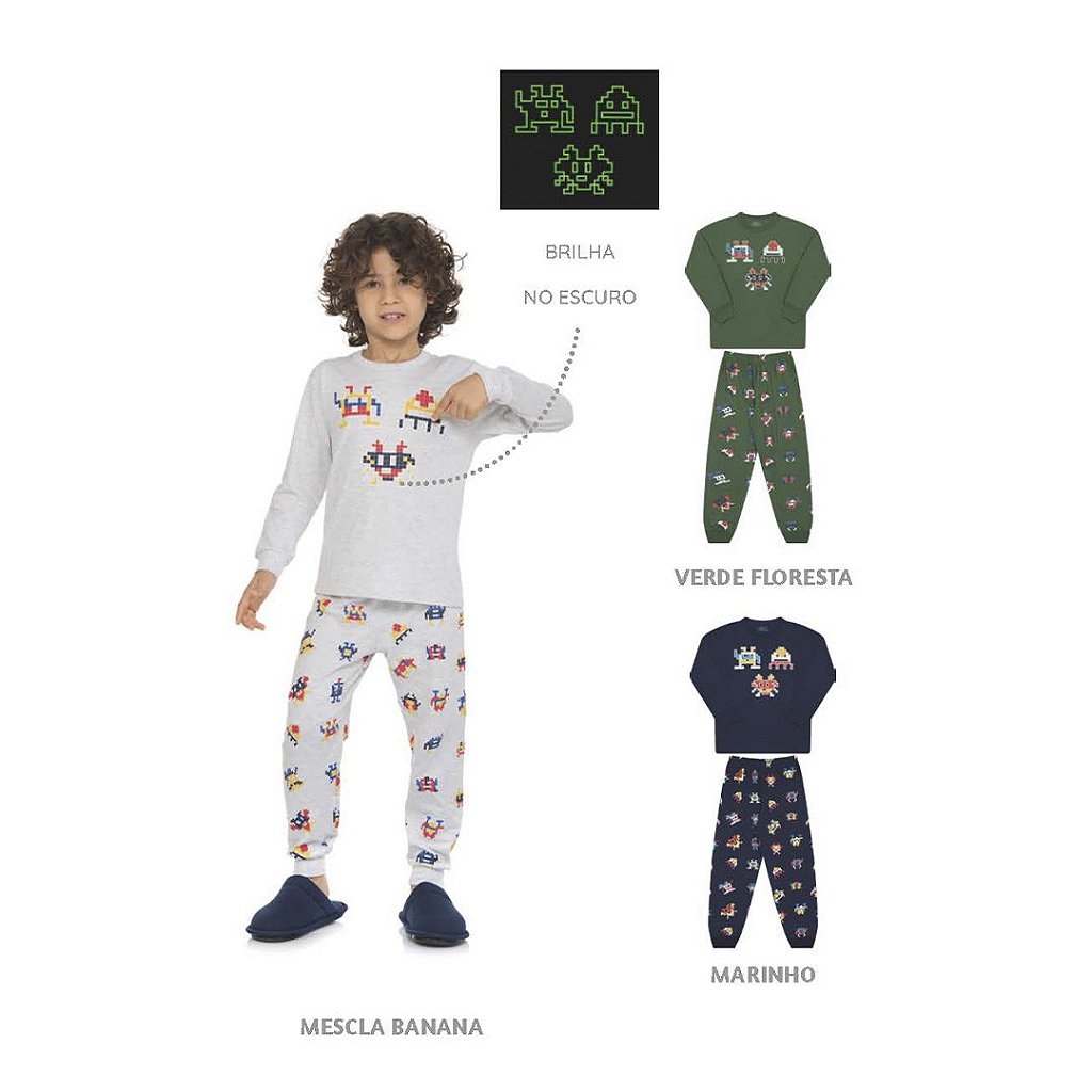 Pijama masculino que brilha no escuro, com estampa de gamer na calça - Moda  casual e sleepwear para crianças de 0 a 16 anos| Bicho Bagunça