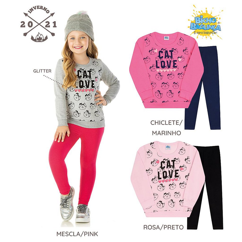 Conjunto Em Moletom Molecotton Cor Rosa Bebe Com Detalhe Em Glitter Moda Casual E Sleepwear Para Criancas De 0 A 14 Anos Bicho Bagunca