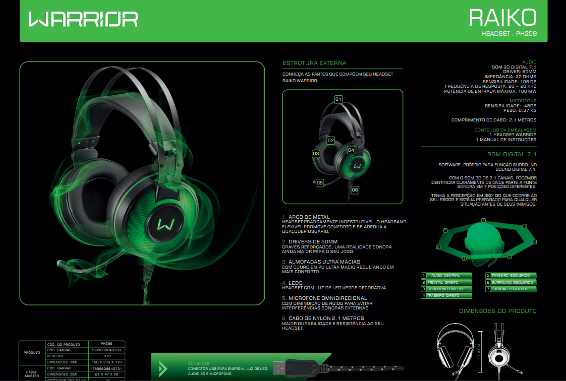 WARRIOR RAIKO HEADSET GAMER 7.1 USB COM LED VERDE - PH259 - :: Bazzuka Shop  ::