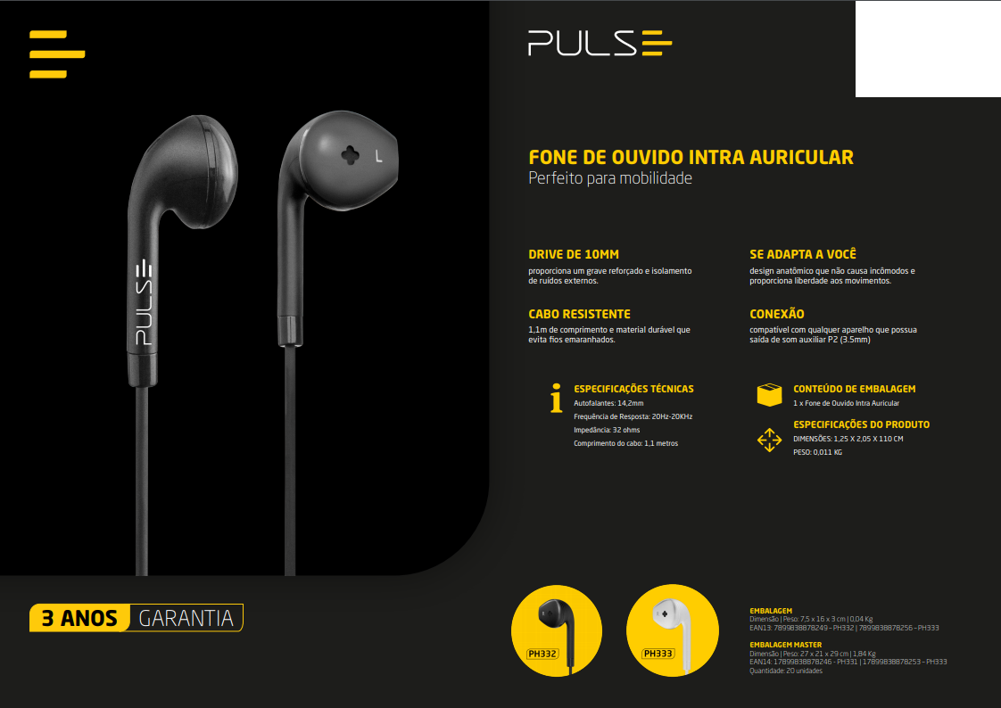 FONE DE OUVIDO INTRA AURICULAR PULSE PRETO - PH332 - :: Bazzuka Shop ::