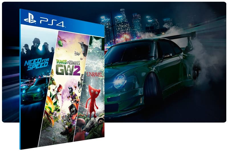 Banner do game Need for Speed + Plants vs Zombie 2 + Unravel para PS4