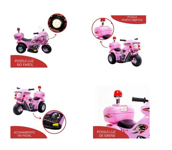 Mini Moto Elétrica Infantil 6V Importway BW002-R Rosa Triciclo