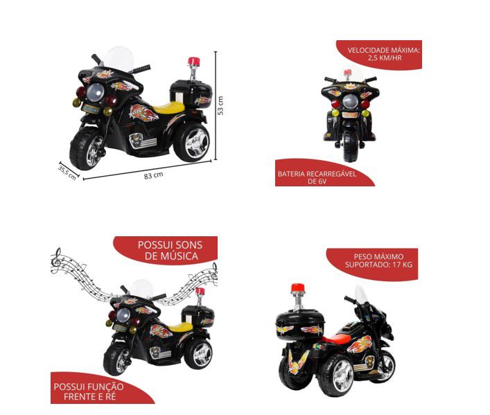 Mini Moto Elétrica Infantil Preto BW006PT