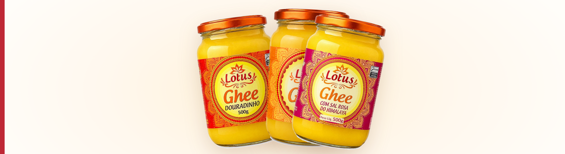 Tres potes de manteiga ghee Lotus: Douradinho, Tradicional e com Sal Rosa