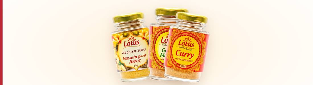 Tres potes de tempero massala Lotus: Massala para Arroz, Garam Massala e Curry