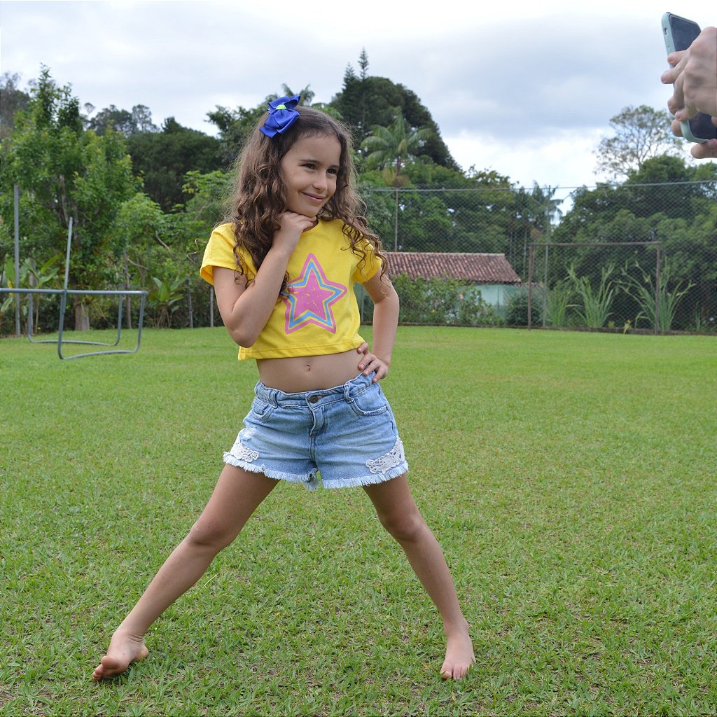 Blusa Cropped Infantil Menina Algodão Silk Estrela