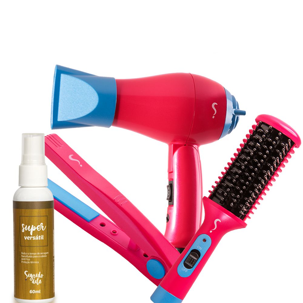 Kit Viagem Linha Mini Bivolt com Secador Dobrável + Chapinha + Escova -  Segredo Dela - Escova Secadora, Secador e Chapinha para cabelo