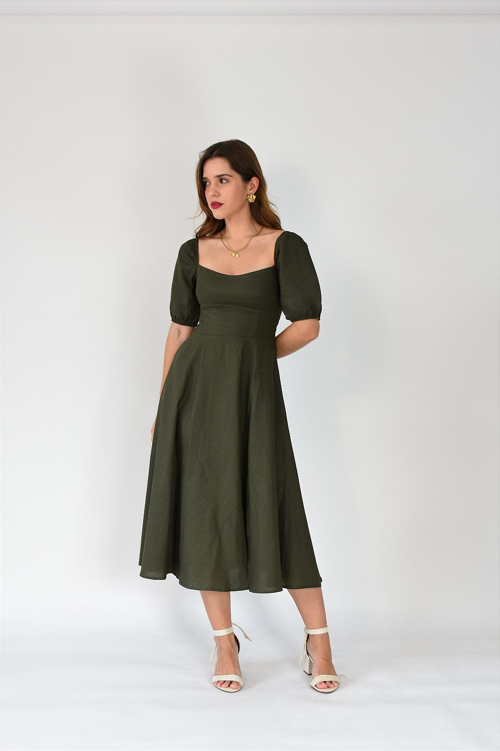 VESTIDO LINHO MIDI VERDE TALI: Roupas Femininas NICCLA