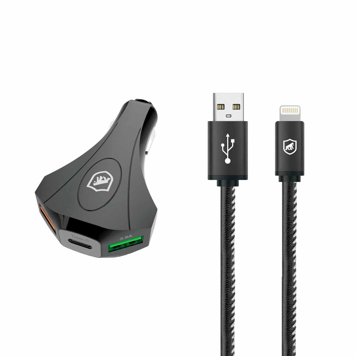 Kit Carregador Veicular Tank e Cabo Turbo Militar Lightning - Gshield