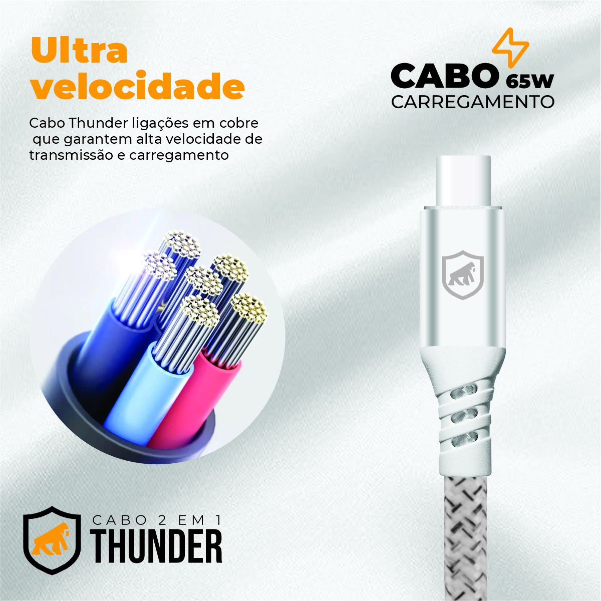 Cabo Thunder 65W 2 em 1 Tipo C / Tipo C / USB-A - 1M - Gshield