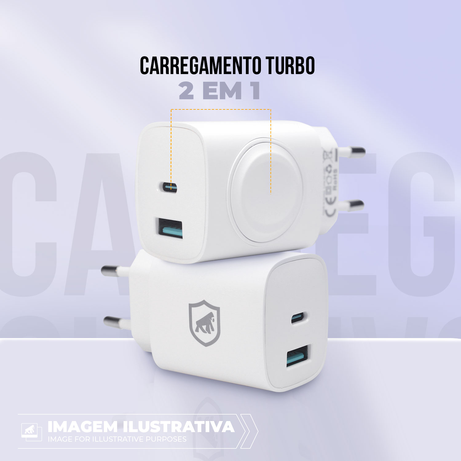 Carregador de Parede Universal Survivor 2 em 1 Power Delivery 23W Tipo C Ultra Rápido + USB A e Base de Carregamento Magnética Sem Fio para Apple Watch - Gshield - foto 3