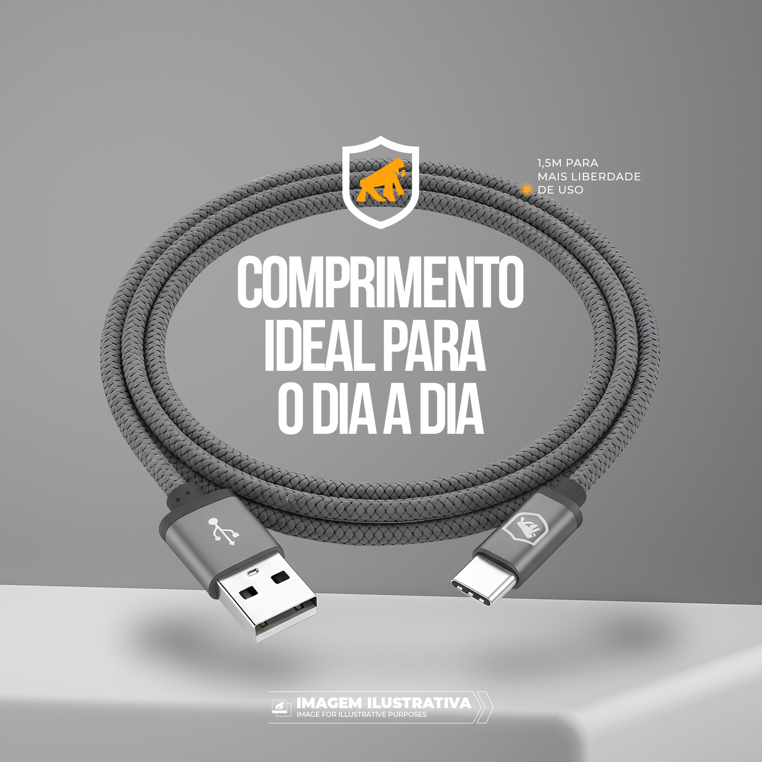 Cabo Symetric USB-A/Tipo-C - Cinza - 1,5M - Gshield