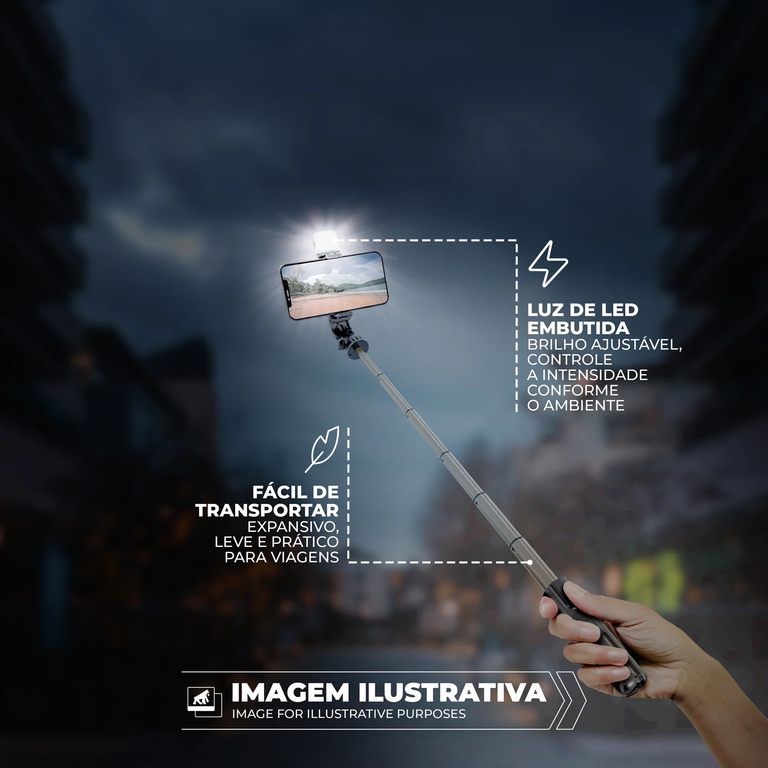 Tripé Bastão Multifuncional com Iluminação Flash Selfie Light Ajustável e Controle Bluetooth Removível - Survivor - Gshield - foto 6