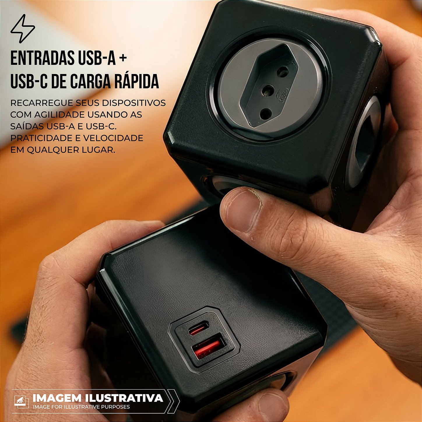 Filtro de Linha Multiplicador de Tomadas Bivolt - Entradas USB-A / Tipo C + 4 Tomadas - Energy Cube - Gshield