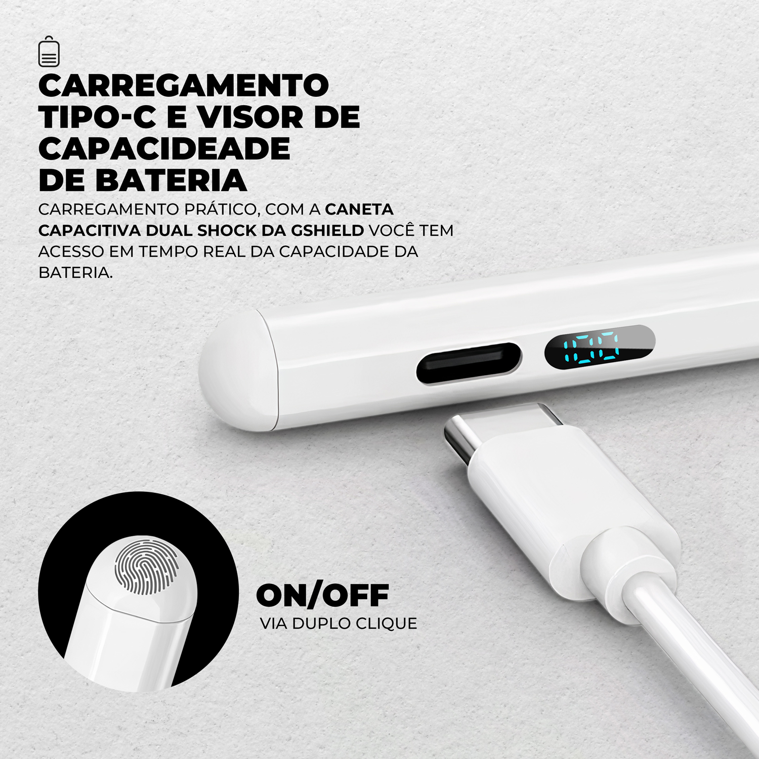 Caneta Touch Capacitiva com Visor - Palm Rejection - Dual Shock - Branca - Gshield