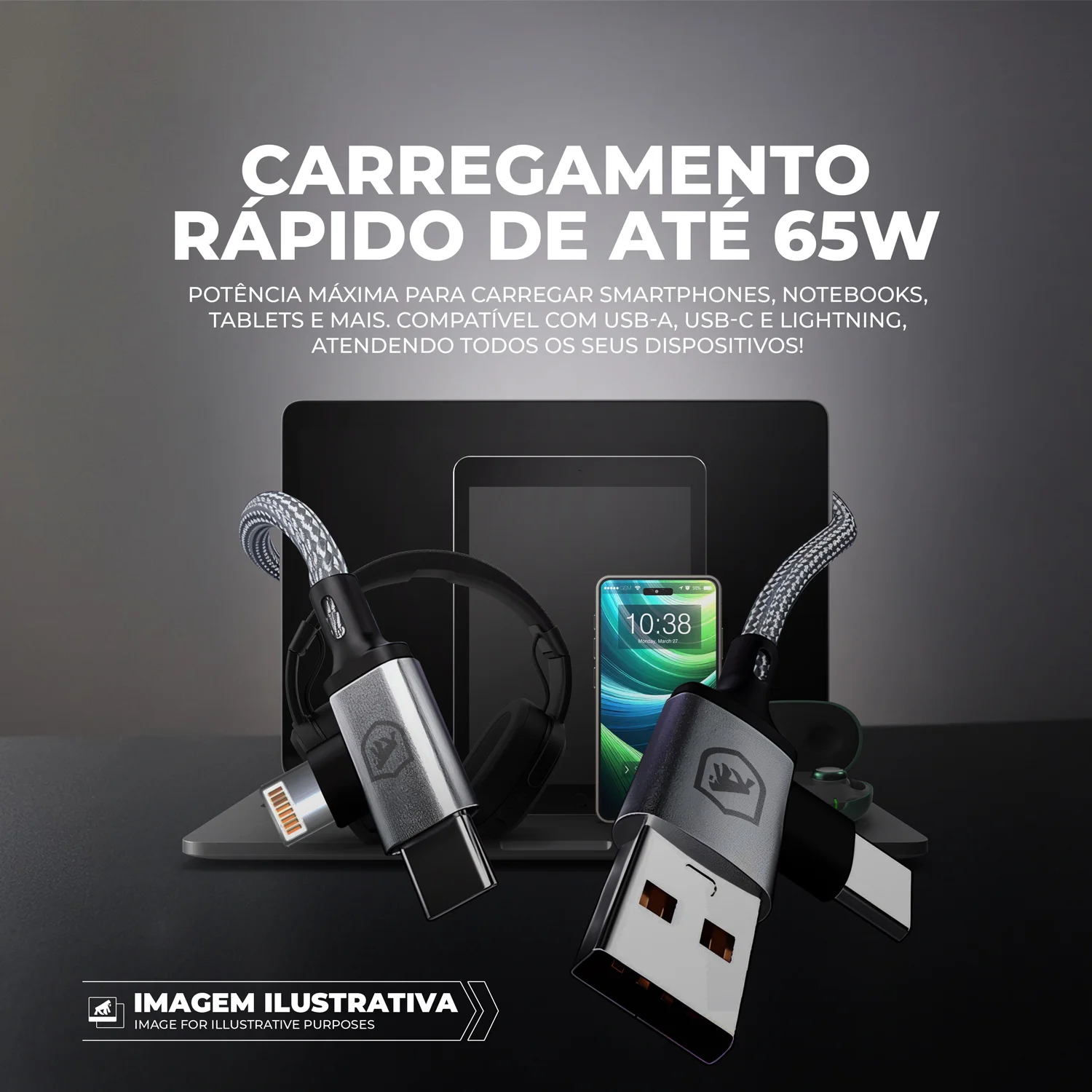 Cabo 4 em 1 - Carregamento Rápido 65W - USB-A, Tipo-C e Lightning, Branco - 1M - Discovery - Gshield
