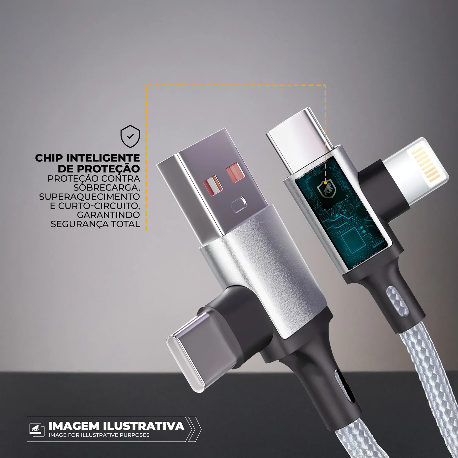 Cabo 4 em 1 - Carregamento Rápido 65W - USB-A, Tipo-C e Lightning, Branco - 1M - Discovery - Gshield