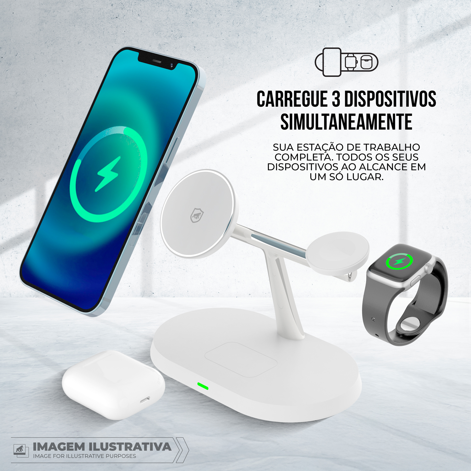 Carregador Wireless 3 em 1 MagSafe - para Smartphone, Apple Watch e Fones de Ouvido - Branco, USB-C, 15W - Dock Station - Gshield
