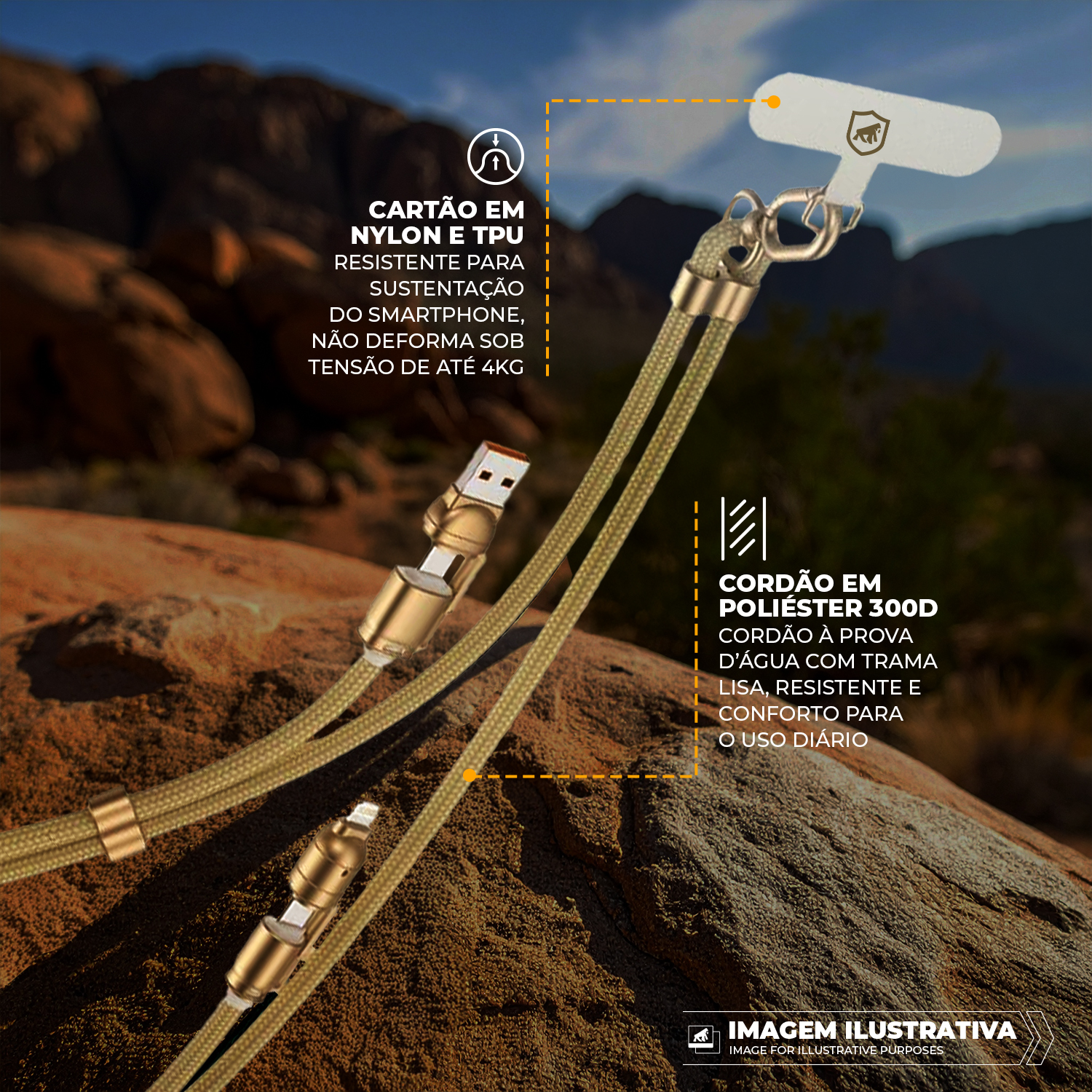 Cordão de Pescoço para Celular com Cabo USB-A / Tipo C / Lightning 240W - 1,5M - Desert - Titanium - Gshield