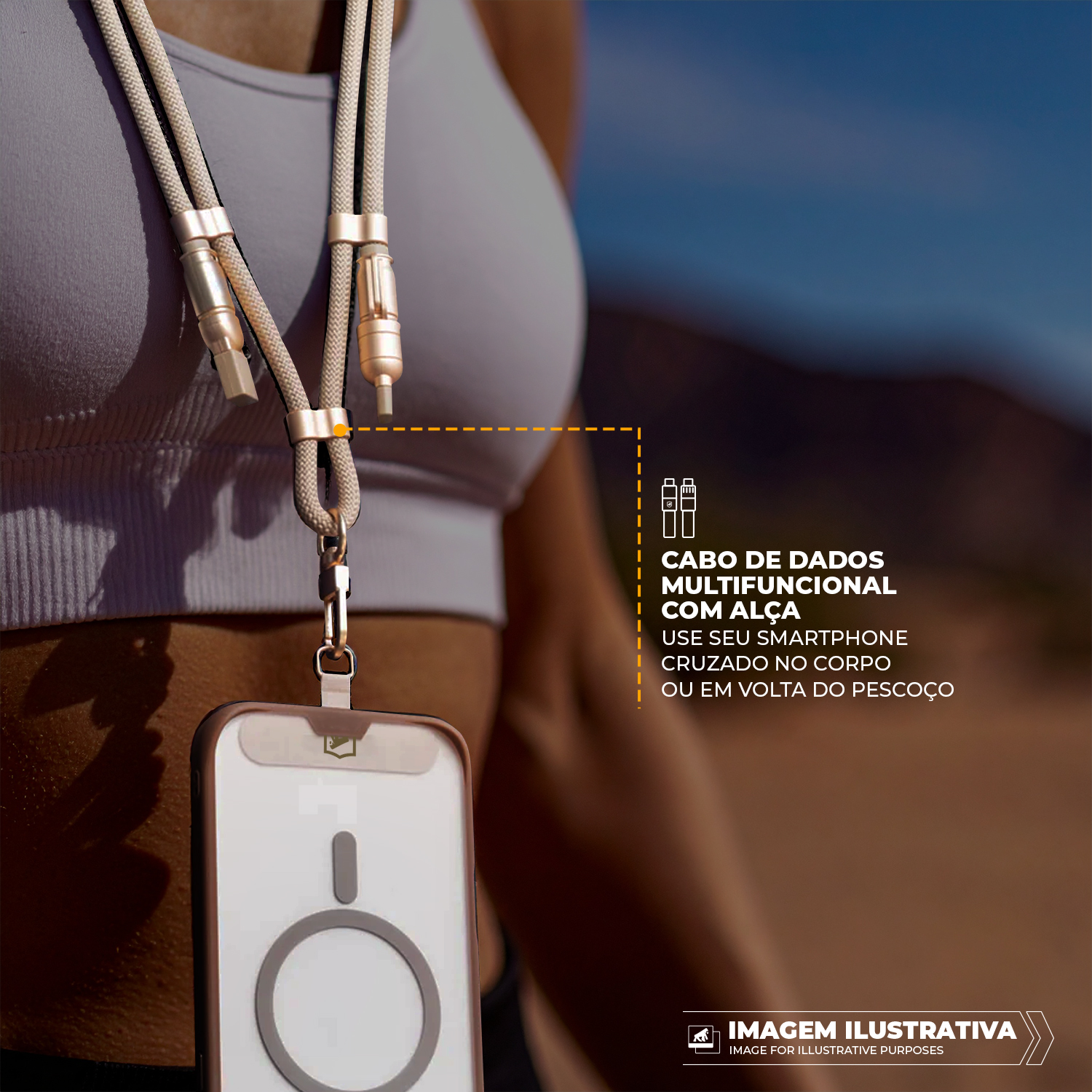 Cordão de Pescoço para Celular com Cabo USB-A / Tipo C / Lightning 240W - 1,5M - Desert - Titanium - Gshield