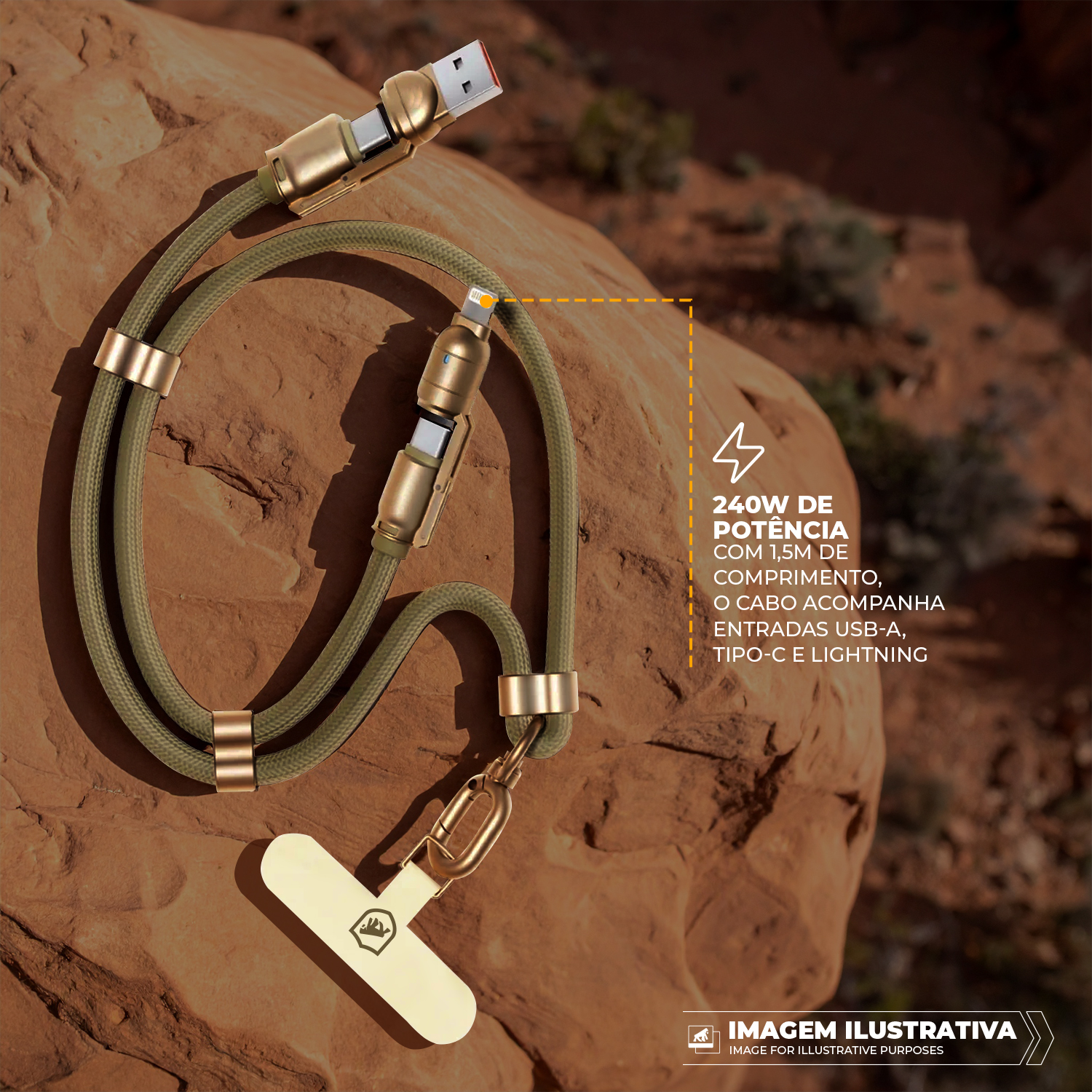 Cordão de Pescoço para Celular com Cabo USB-A / Tipo C / Lightning 240W - 1,5M - Desert - Titanium - Gshield