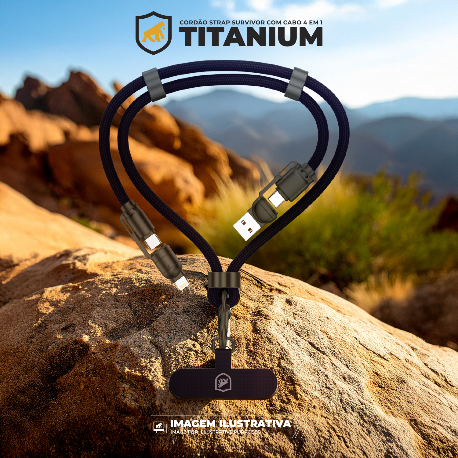 Cordão de Pescoço para Celular com Cabo USB-A / Tipo C / Lightning 240W - 1,5M - Azul Escuro - Titanium - Gshield