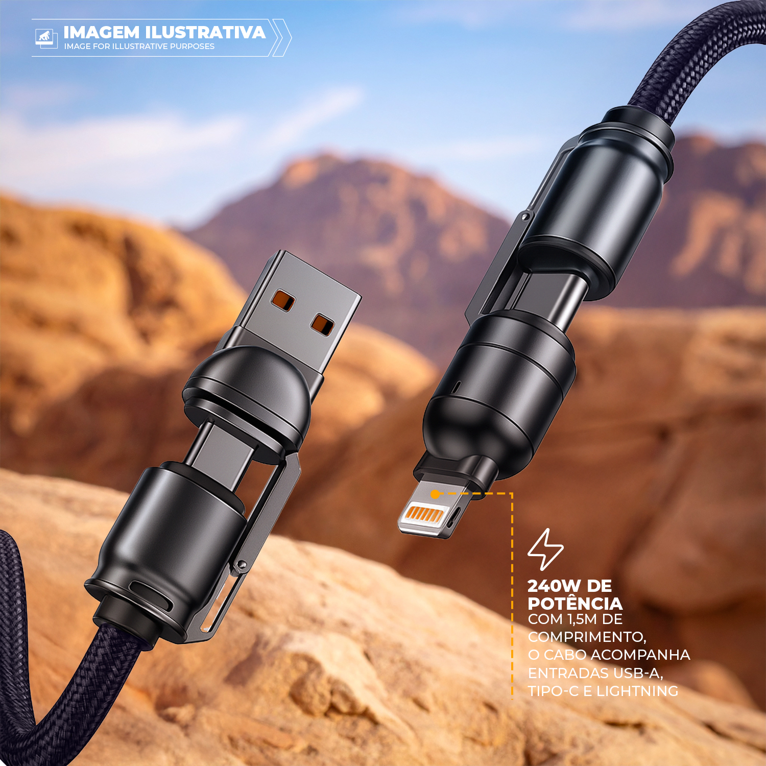 Cordão de Pescoço para Celular com Cabo USB-A / Tipo C / Lightning 240W - 1,5M - Azul Escuro - Titanium - Gshield