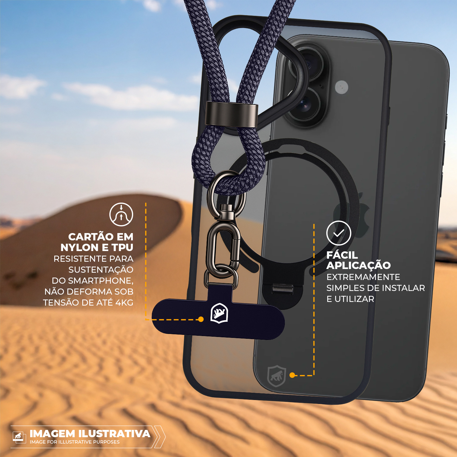 Cordão de Pescoço para Celular com Cabo USB-A / Tipo C / Lightning 240W - 1,5M - Azul Escuro - Titanium - Gshield