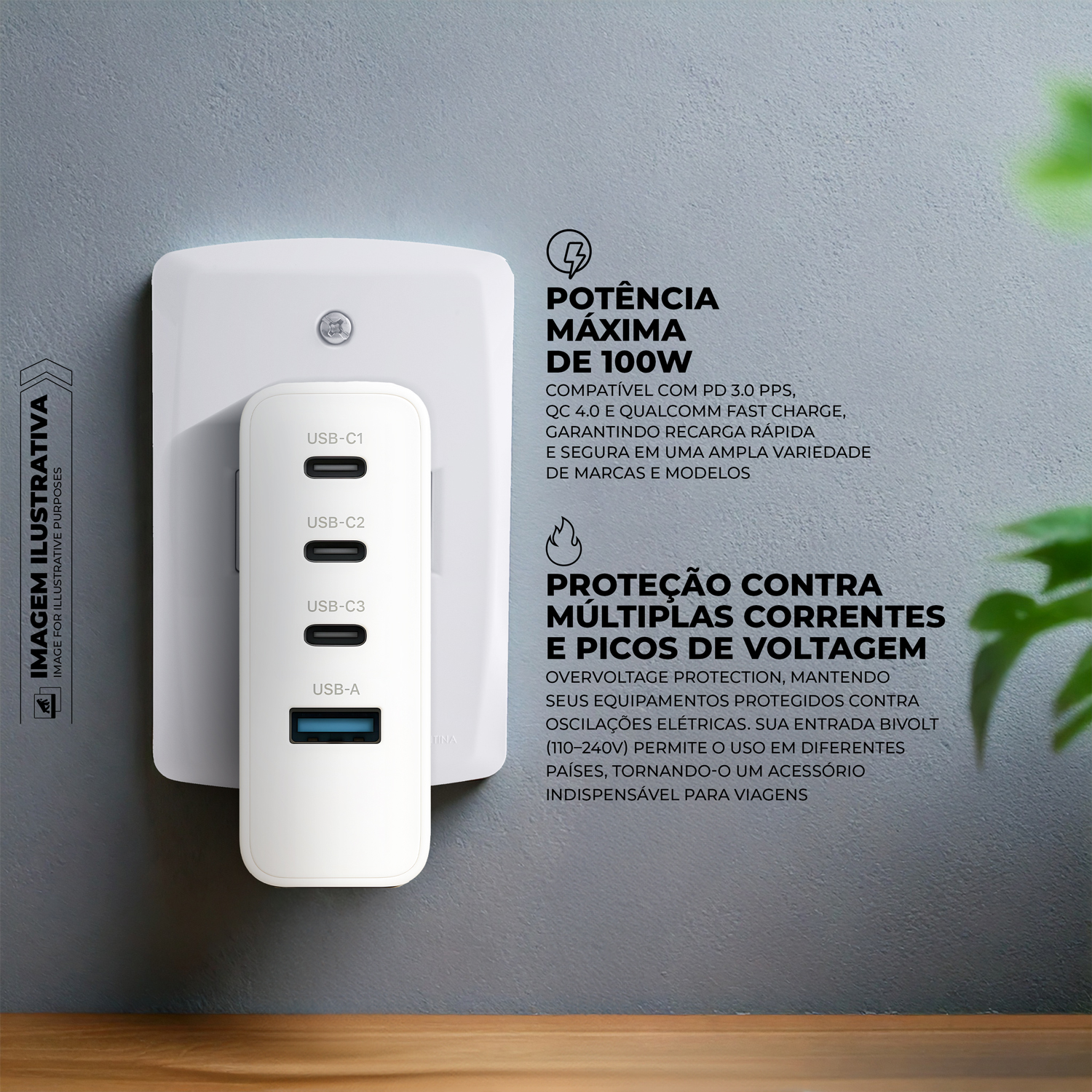 Carregador de Parede Turbo 100W 4 em 1 GaN - 3 Portas USB-C + 1 Porta USB-A - Discovery  - Gshield - foto 2