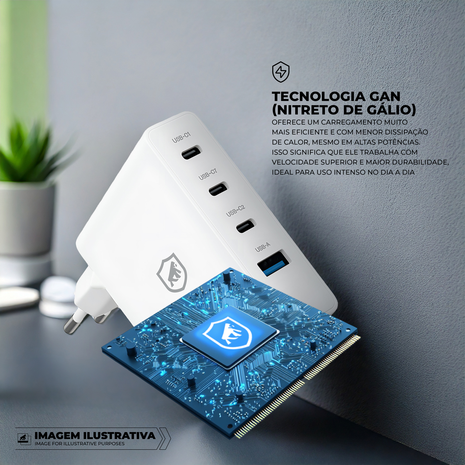 Carregador de Parede Turbo 100W 4 em 1 GaN - 3 Portas USB-C + 1 Porta USB-A - Discovery  - Gshield - foto 3