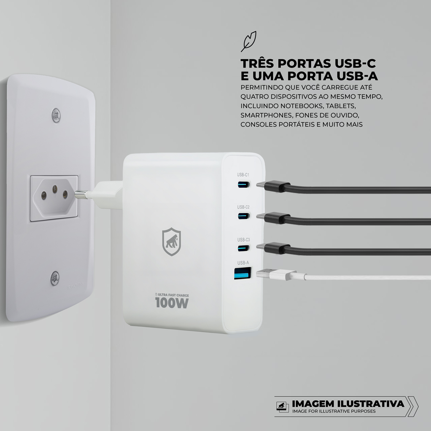 Carregador de Parede Turbo 100W 4 em 1 GaN - 3 Portas USB-C + 1 Porta USB-A - Discovery  - Gshield - foto 4