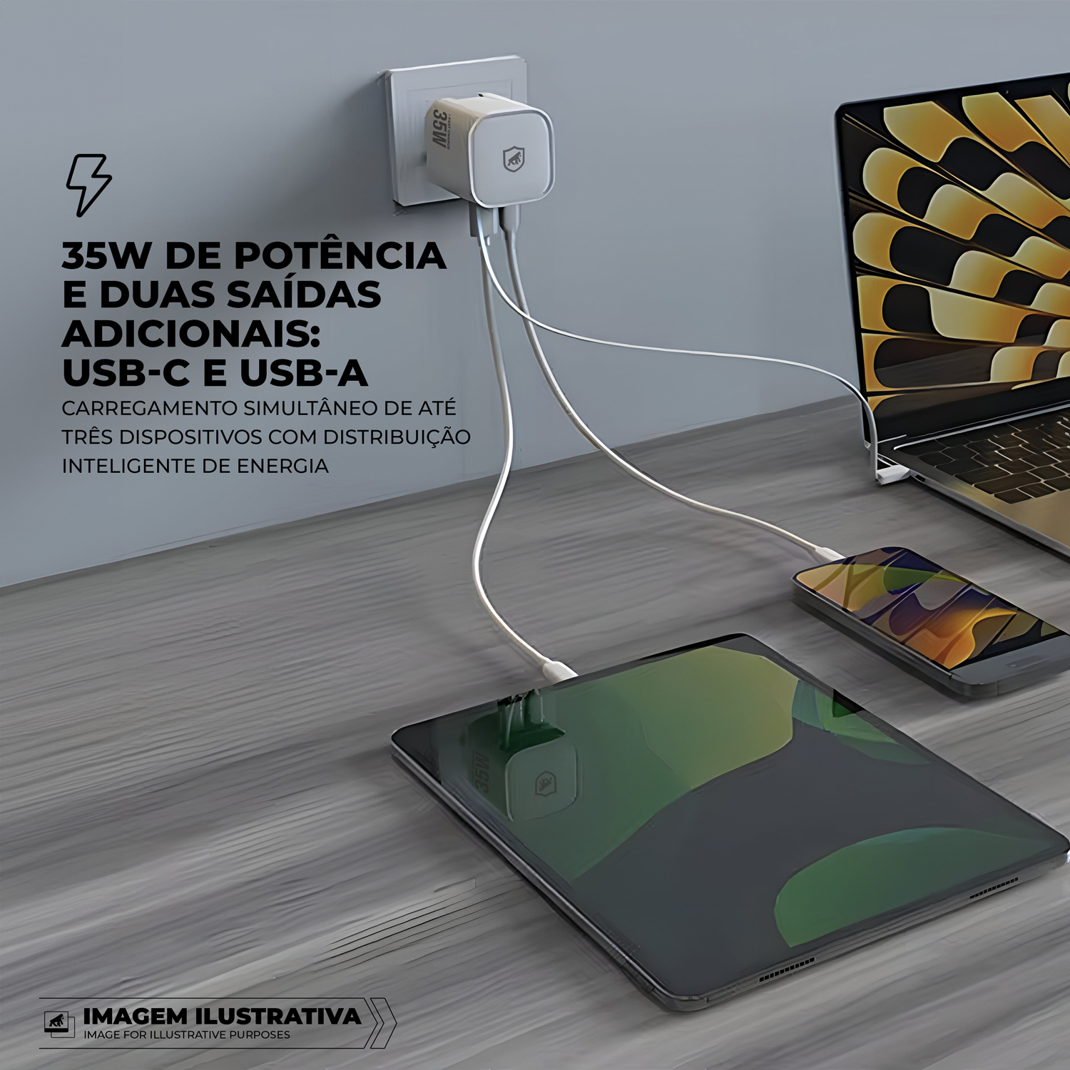 Carregador de Parede Turbo 35W com Cabo Retrátil Tipo C + 1 Entrada USB-A + 1 Entrada USB-C - Raptor - Gshield