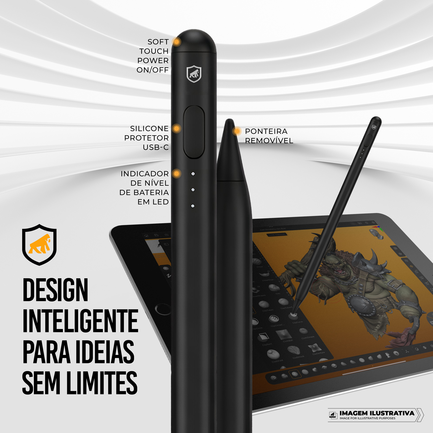 Caneta Touch Capacitiva Pro com Palm Rejection e Traço Adaptável - Preta - Gshield