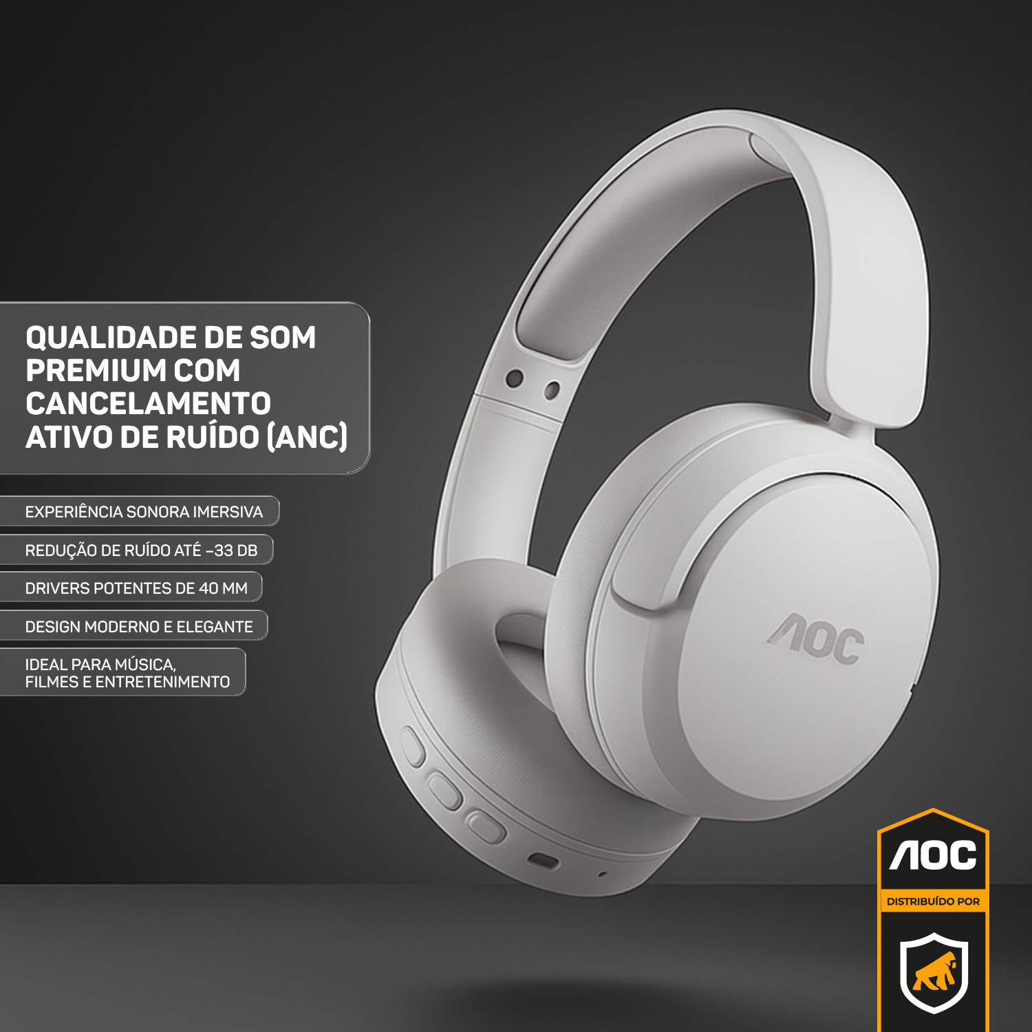 Headphone Bluetooth Wireless com Cancelamento de Ruído ANC - Branco - AOC - foto 4