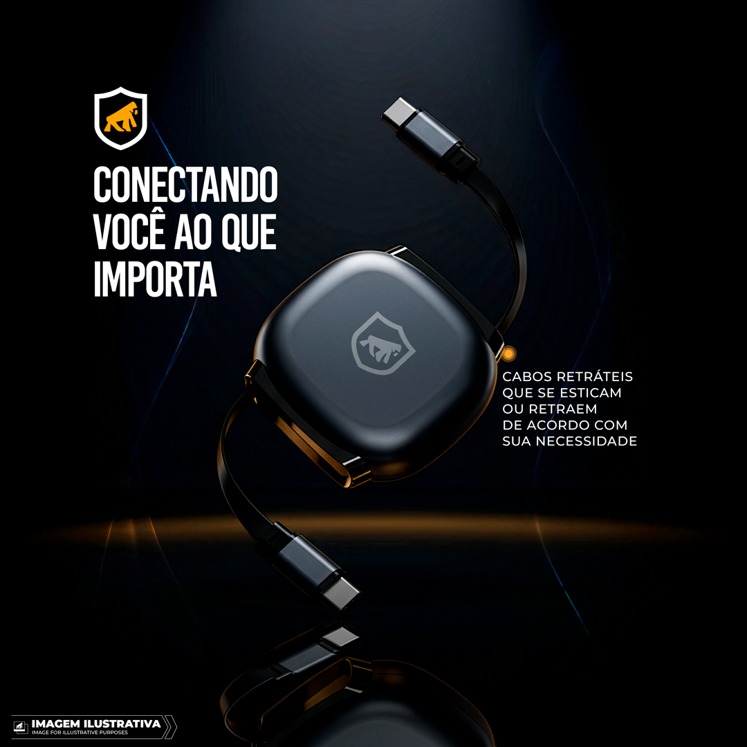 Cabo Retrátil Tipo C / Tipo C 100W Fast Charge 1M, Transferência 480Mb/s, Compatível com Smartphones, Notebooks e Centrais Automotivas - Victus - Gshield