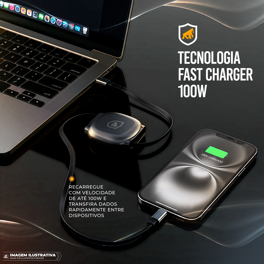 Cabo Retrátil Tipo C / Tipo C 100W Fast Charge 1M, Transferência 480Mb/s, Compatível com Smartphones, Notebooks e Centrais Automotivas - Victus - Gshield