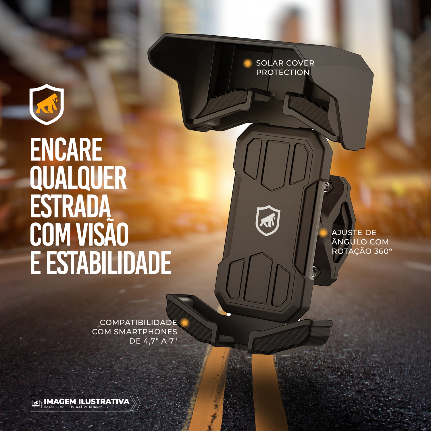 Suporte para Moto, Bicicleta, Bike - Anti-Vibração, À Prova de Choque, Ajuste 360°, Solar Cover, Compatível com Smartphones 4.7” a 7” - Survivor - Gshield - foto 3