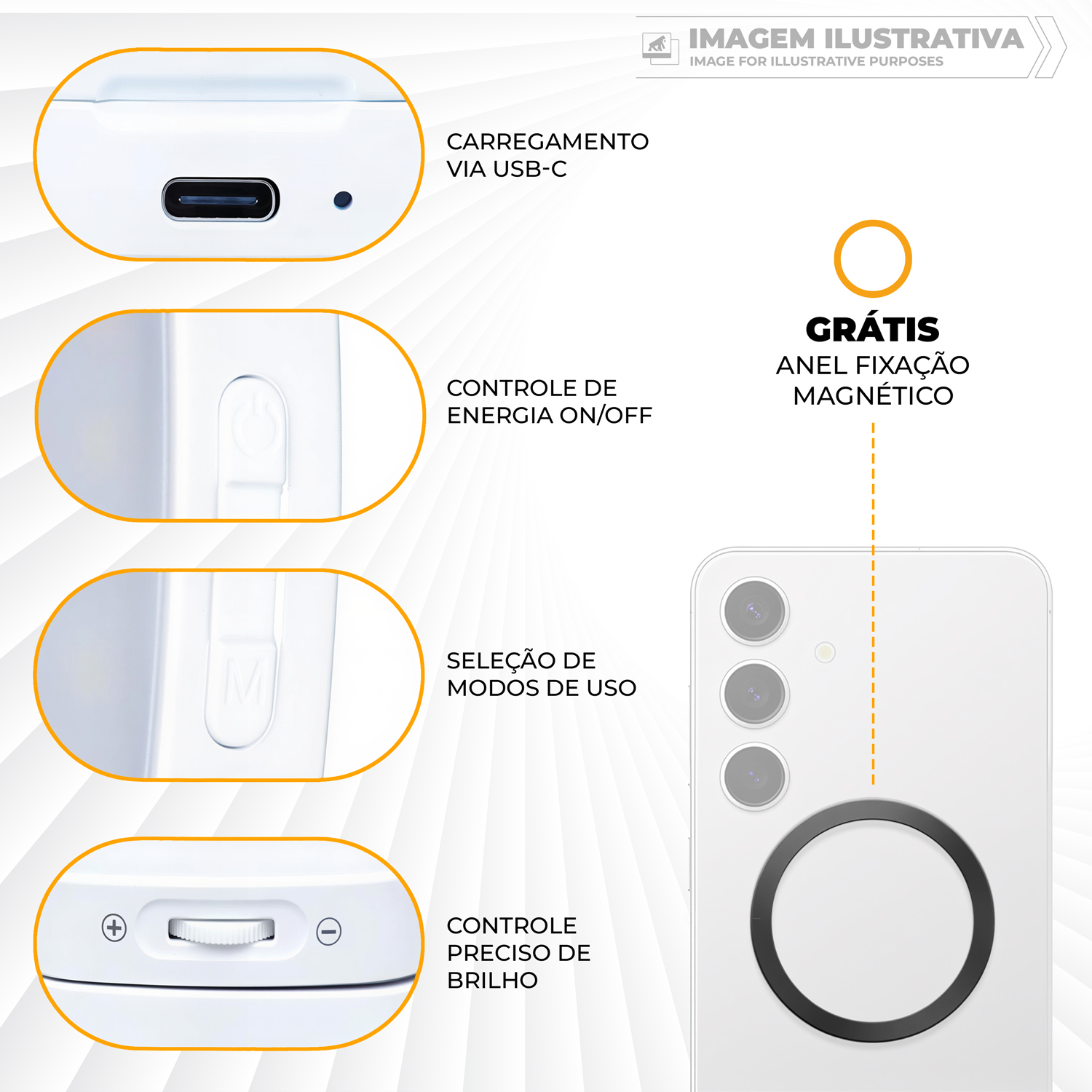Ring Light Portátil com MagSafe - LED para Selfie, Vídeos e Chamadas, 3 Modos de Luz, Recarregável USB-C - Hybrid - Gshield