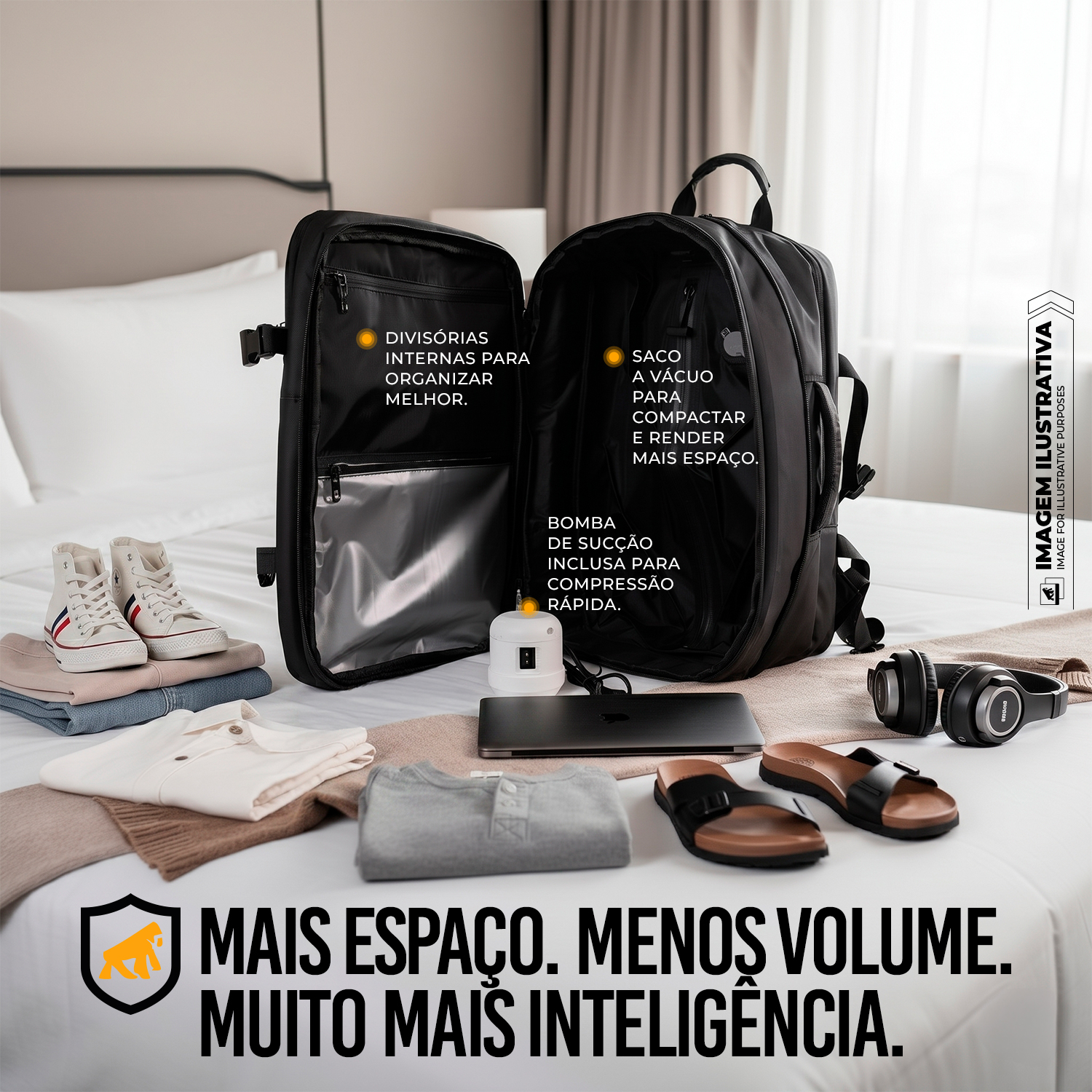 Mochila Mala de Mão para Viagem 38 Litros com Compartimento interno a Vácuo e Bomba de Sucção para Notebook até 17'' Expansível, Resistente à Água - Gshield - foto 2