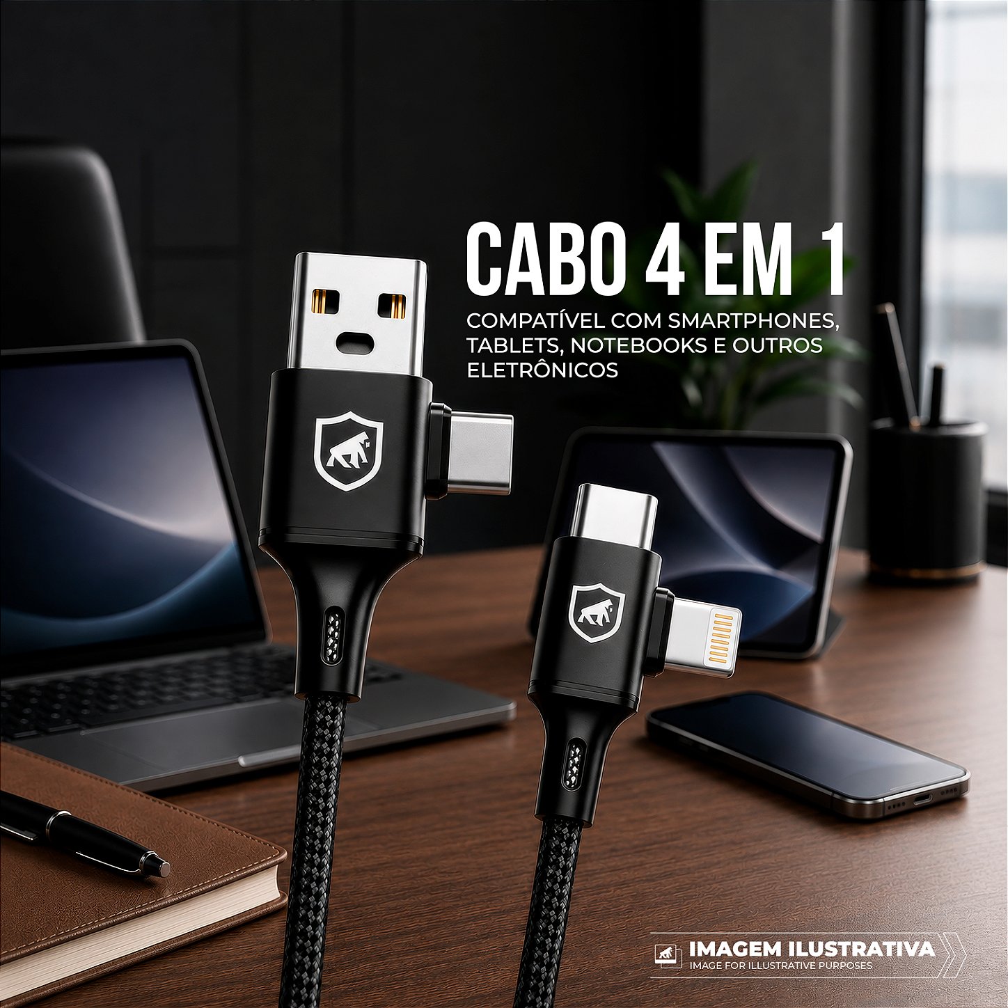 Cabo 4 em 1 - Carregamento Rápido 65W - USB-A, USB-C/Tipo-C e Lightning, Preto - 1M - Discovery - Gshield - foto 5