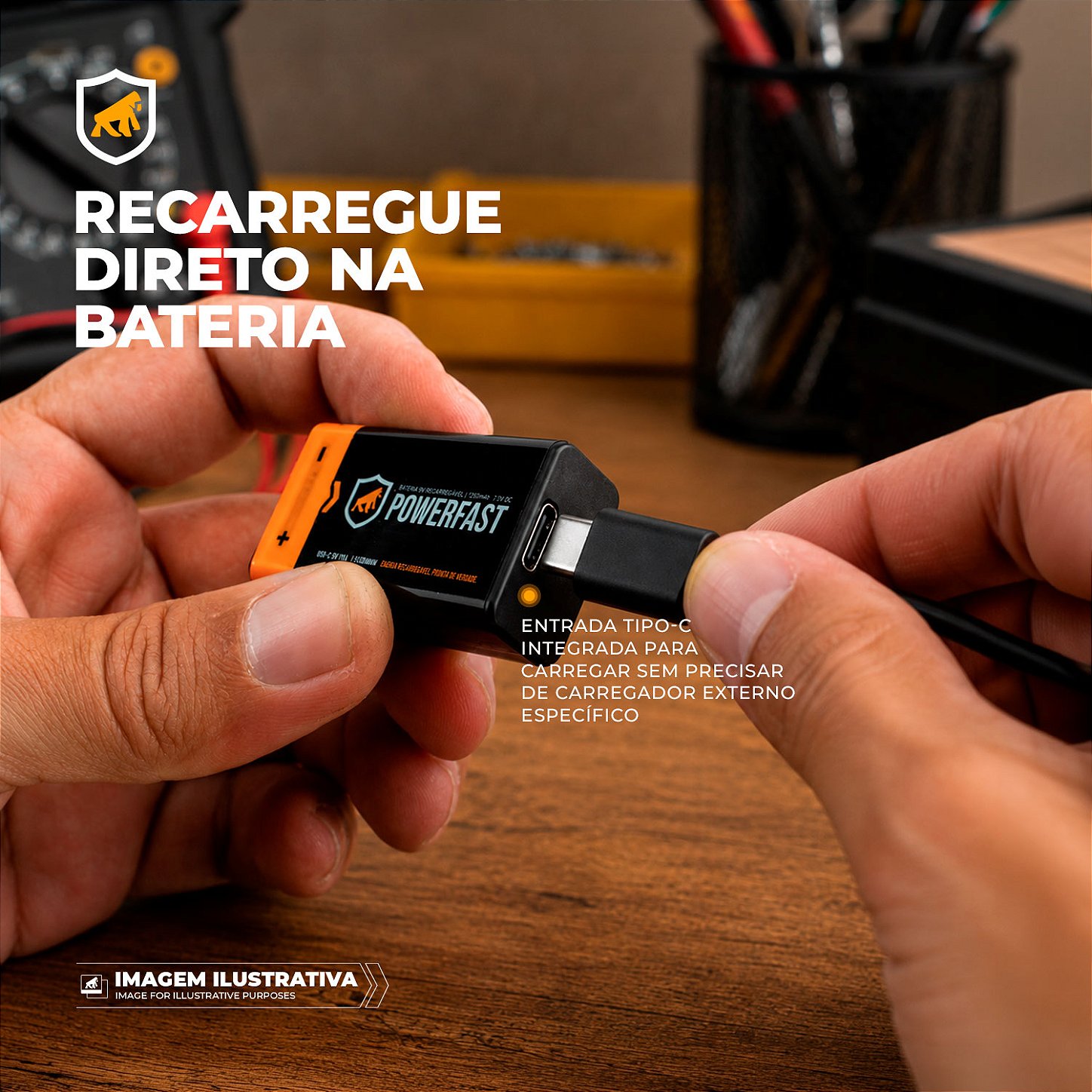 Bateria de Lítio 9V, Pilha Recarregável Tipo-C, 4070mWh com Capacidade de 1200mAh e 1000 ciclos - Cartela com 1 Pilha - Gshield - foto 2