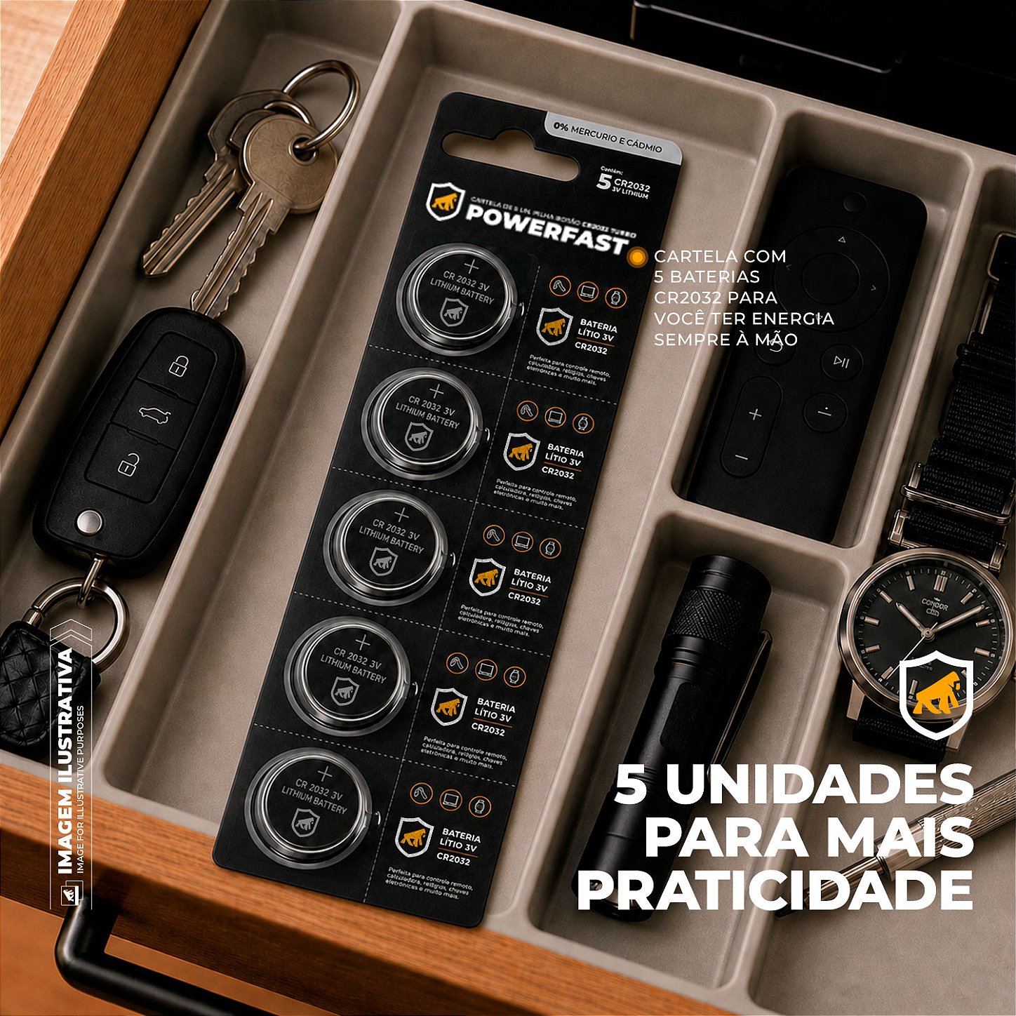 Bateria de Lítio Tipo Moeda CR2032 3V PowerFast - Cartela com 5 Pilhas - Gshield - foto 3
