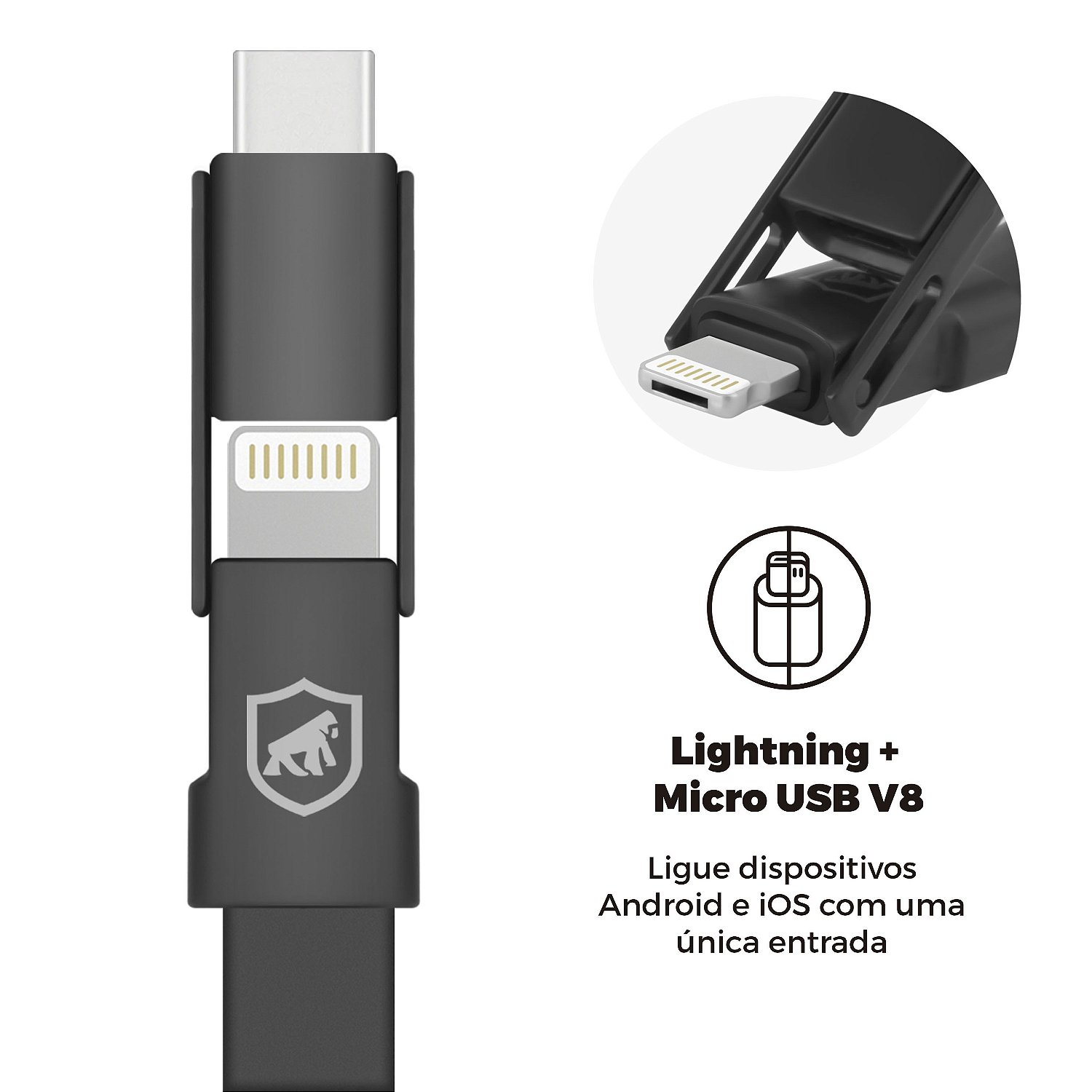 Cabo curto Slim 3 em 1 - Micro USB / Lightning / Tipo C - Gshield - foto 4