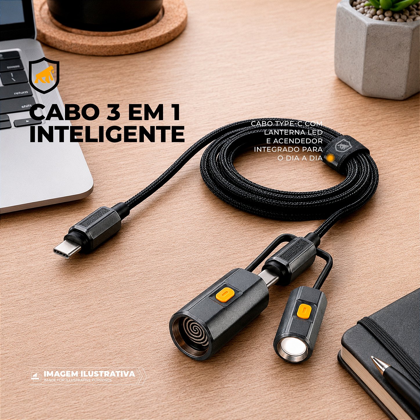 Cabo Multifuncional 3 em 1 Tipo C/ Tipo C 1.2 metros Carregamento até 240W com Lanterna LED e Acendedor Elétrico - Hydra - Gshield - foto 2