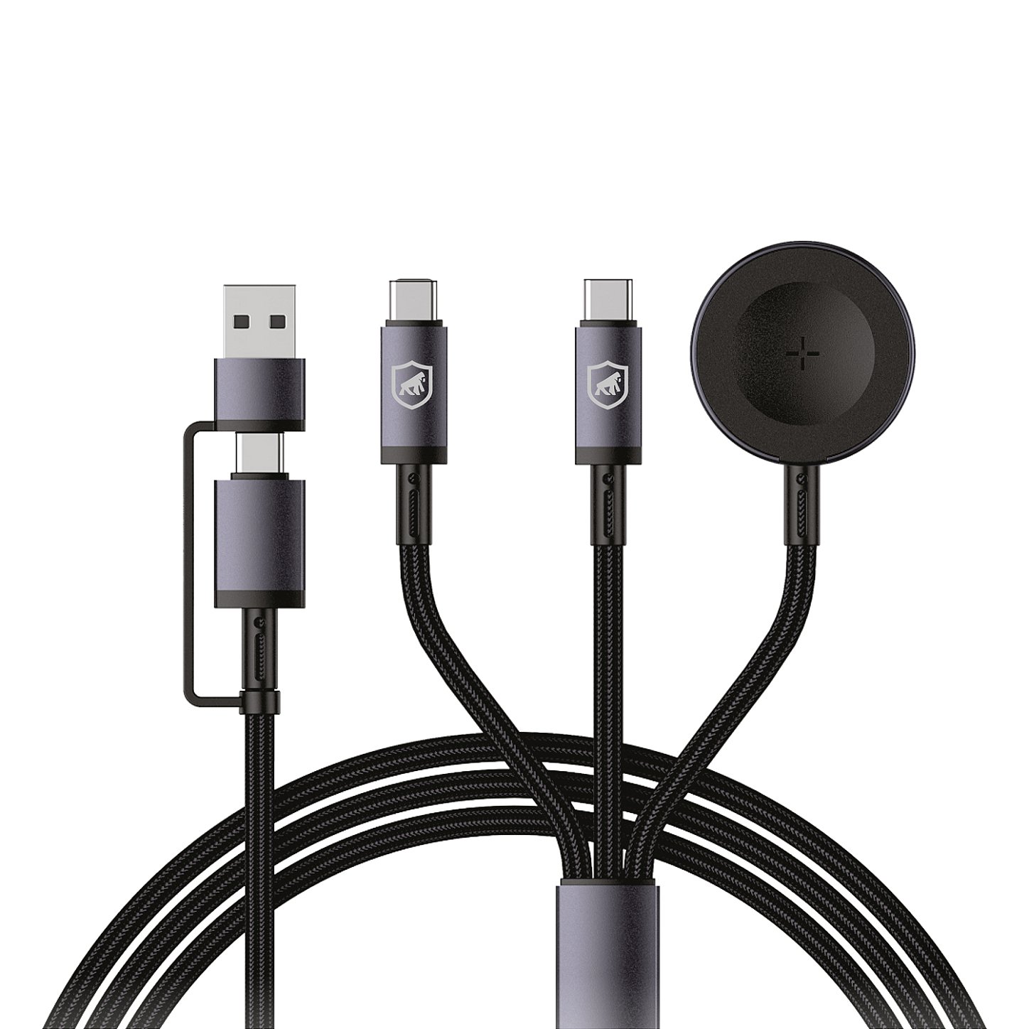 Cabo Carregador 3 em 2 Multifuncional 65W USB-C/Tipo-C + USB-A 1.2M Base Sem Fio 2,5W para Apple Watch e Galaxy Watch - Hydra - Gshield