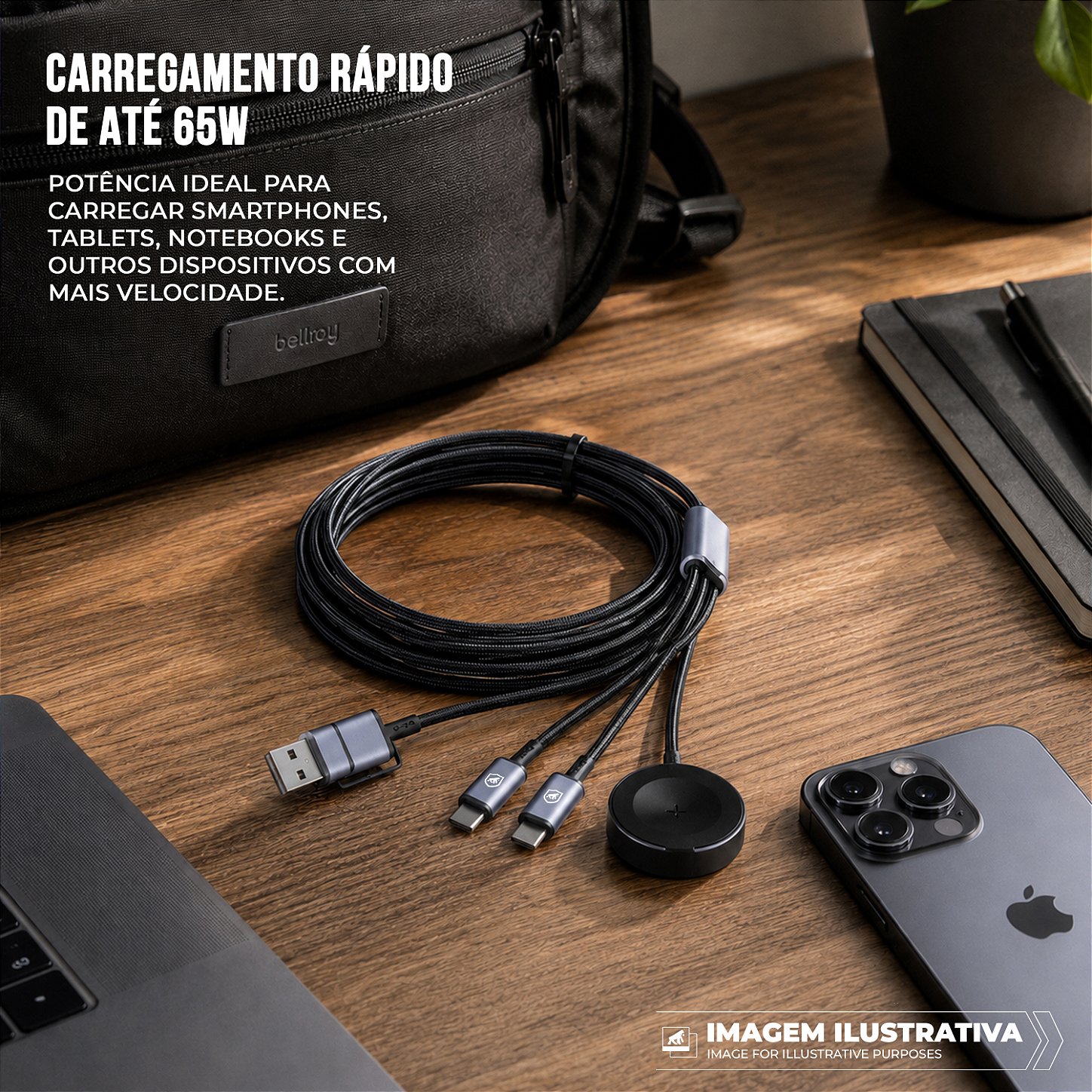 Cabo Carregador 3 em 2 Multifuncional 65W USB-C/Tipo-C + USB-A 1.2M Base Sem Fio 2,5W para Apple Watch e Galaxy Watch - Hydra - Gshield - foto 3